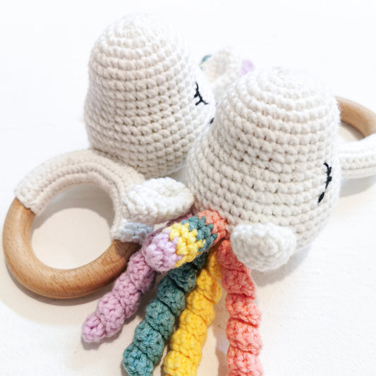 Crochet Wood Rattle| Unicorn (Organic Cotton)